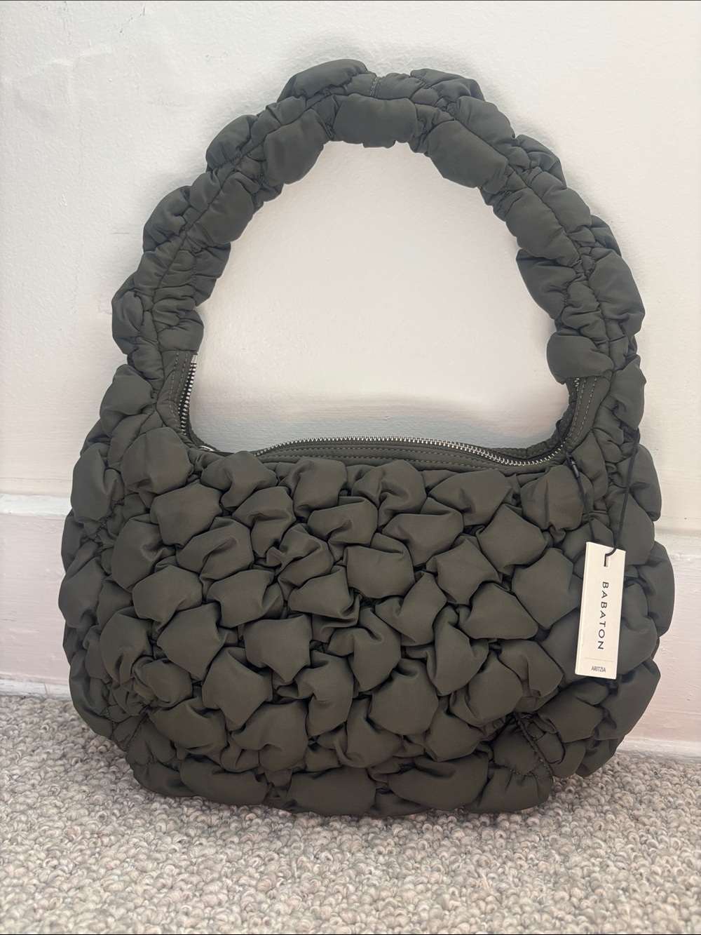 Aritzia Babaton Dark Olive Quilted Puffer Shoulder Bag